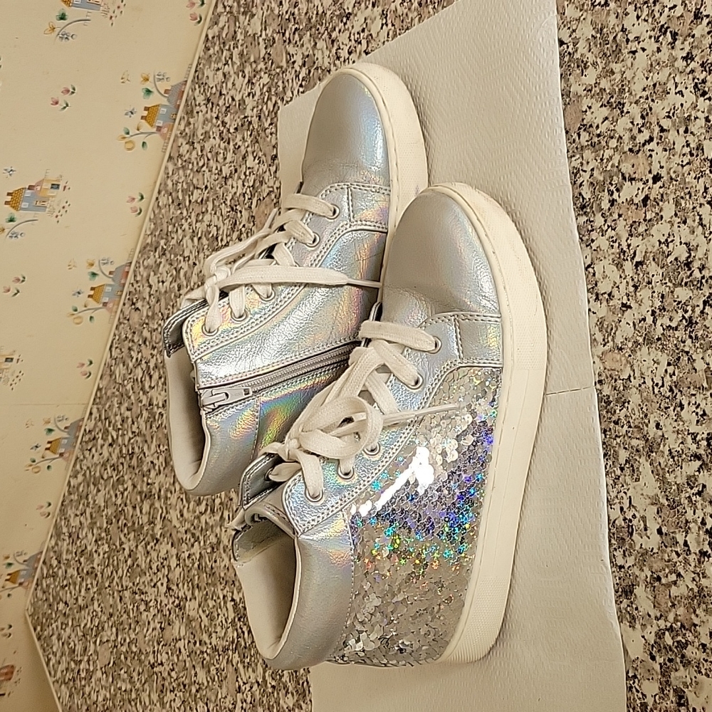 Cat & Jack Girls Pavla Flip Sequin Silver Hi-top Sneakers -5